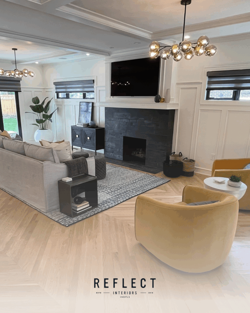 A stylish living room with a fireplace and a television, designed for comfort and relaxation.